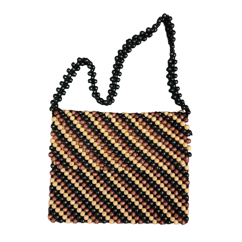 BETSEY JOHNSON NEW YORK x VINTAGE wooden beaded resort wear bag 90's brown black